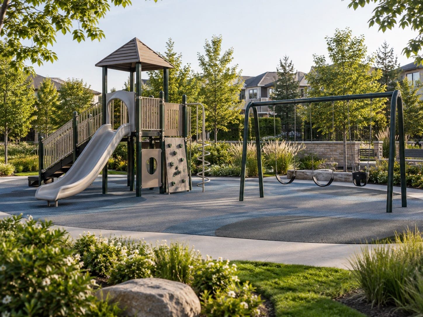 Landscaped residential playground with slide and swings