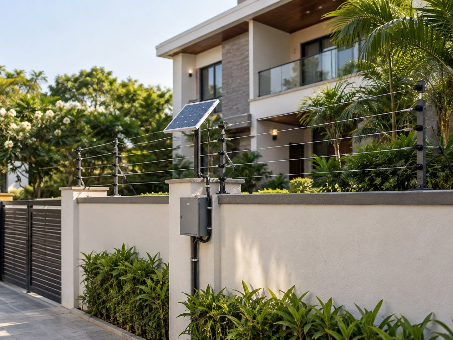 Solar-powered electric security fence along a boundary wall